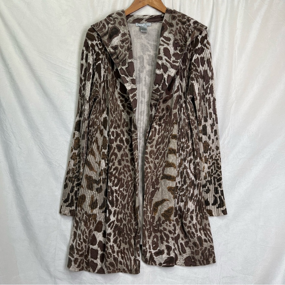 Alberto Makali Animal Print Open Long Cardigan Sweater L Pleated Cotton Cashmere